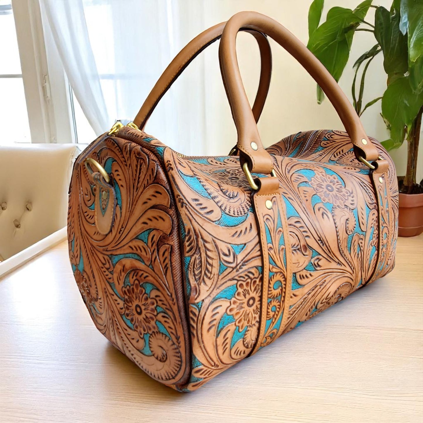 Western Tooled Tan Turquoise Overnight Leather Weekender
