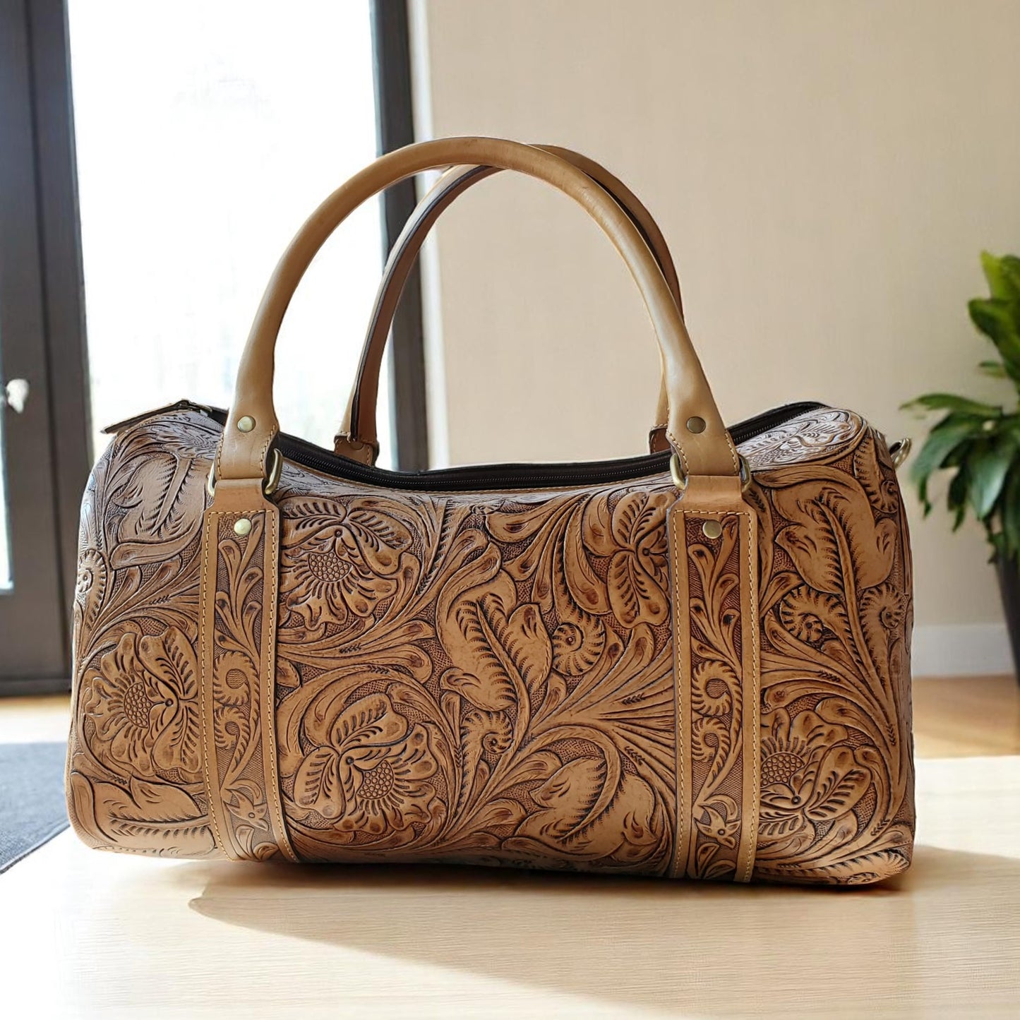 Western Tooled Tan Overnight Duffel Weekender