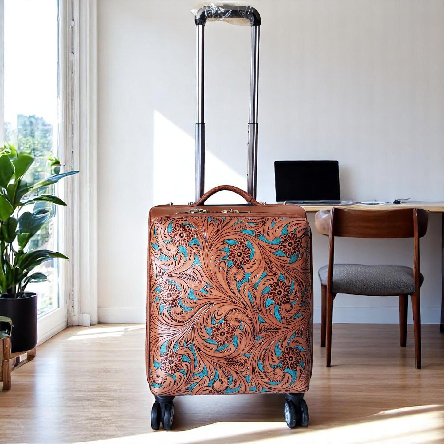 Western Tan-Turquoise Tooled Rolling Trolley Weekender