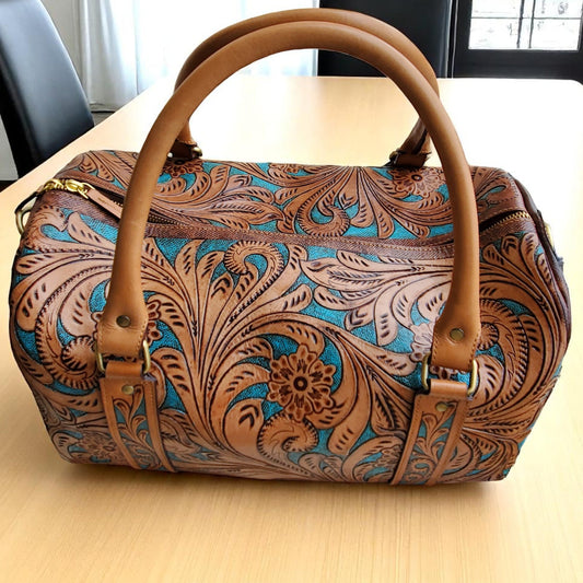 Hand Tooled Overnight Duffel Leather Travel Weekender