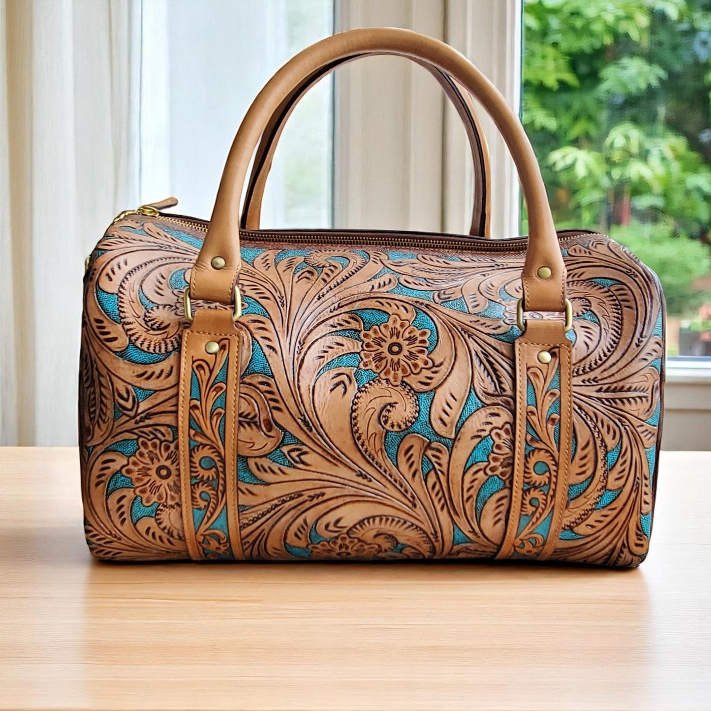 Hand Tooled Overnight Duffel Leather Travel Weekender