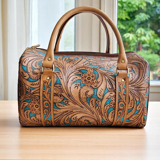 Hand Tooled Overnight Duffel Leather Travel Weekender