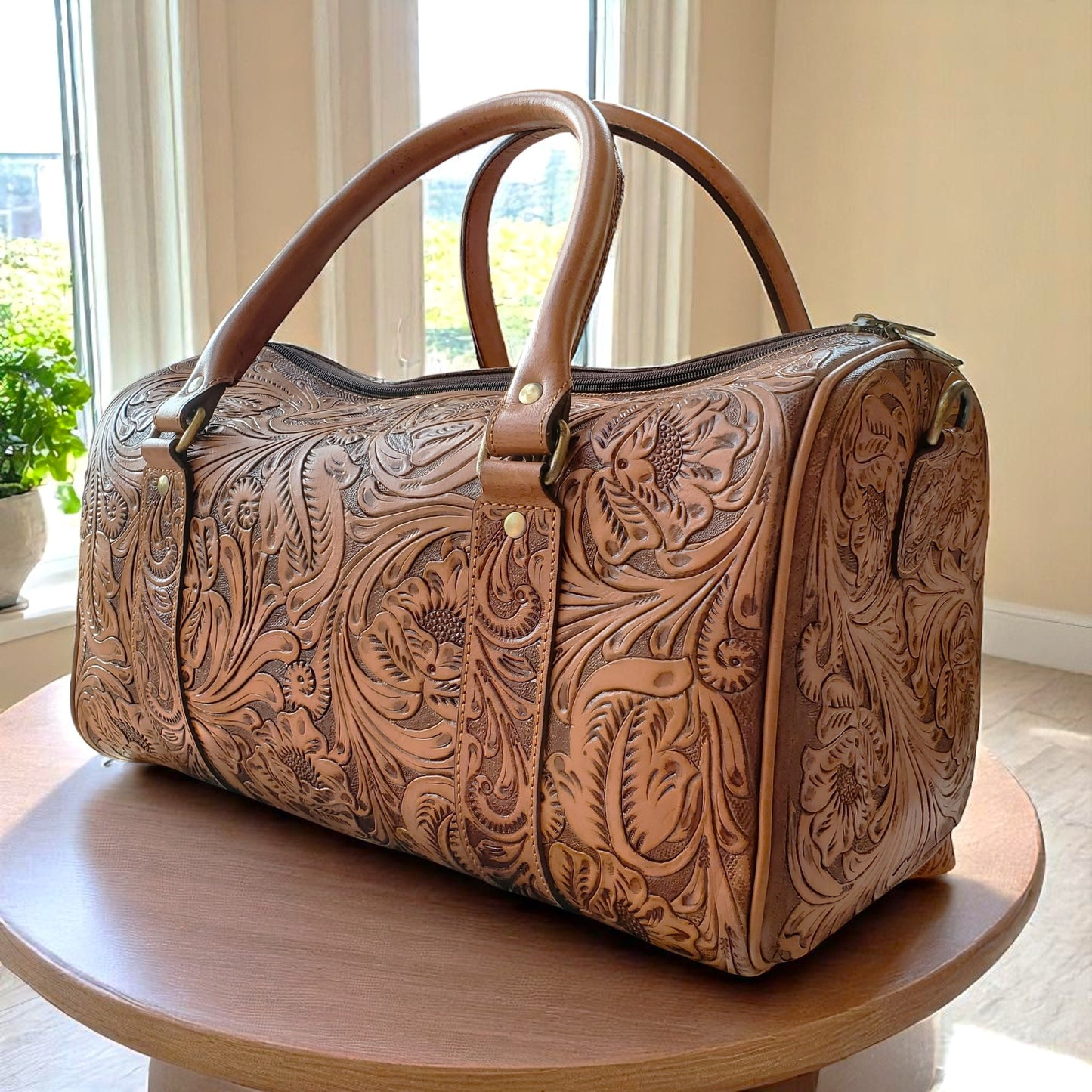 Western Tooled Tan Overnight Duffel Weekender