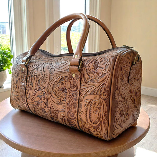 Western Tooled Tan Overnight Duffel Weekender