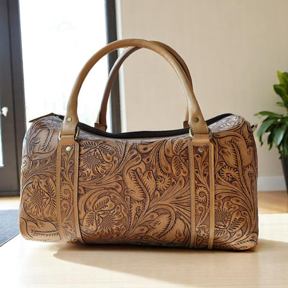 Western Tooled Tan Overnight Duffel Weekender