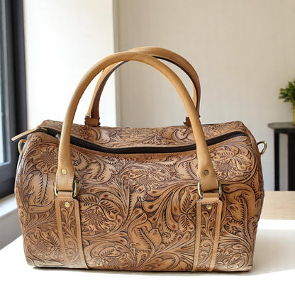 Western Tooled Tan Overnight Duffel Weekender