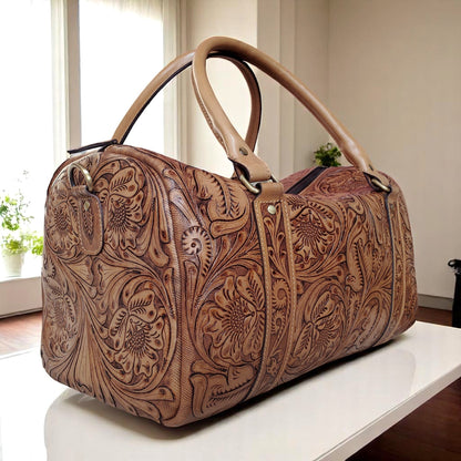 Western Tooled Tan Overnight Duffel Weekender