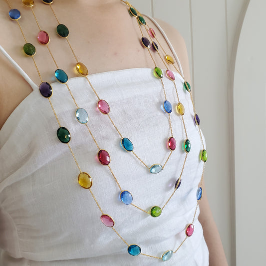 Multi Stone Semi precious Triple Layer Bezel Necklace