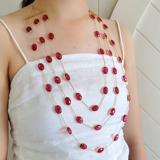 Ruby Red Tourmaline Natural Stone Three layer Bezel Necklace
