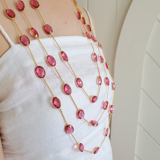 Pink Ruby Tourmaline Natural Stone Triple Layer Bezel Necklace