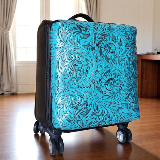 Western Turquoise Tooled Rolling Trolley Weekender