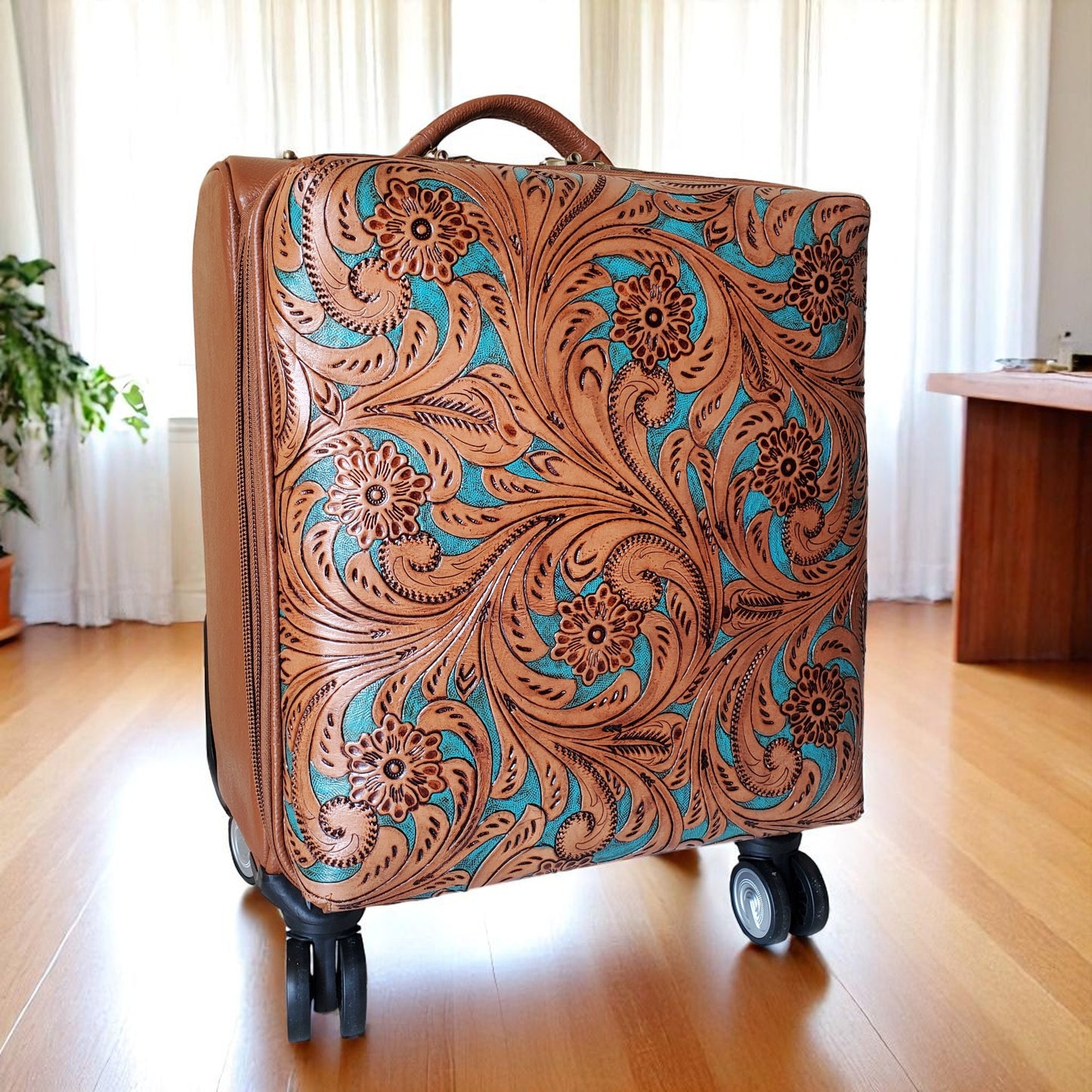 Western Tan-Turquoise Tooled Rolling Trolley Weekender