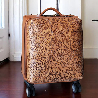 Western Tan Tooled Rolling Trolley Weekender