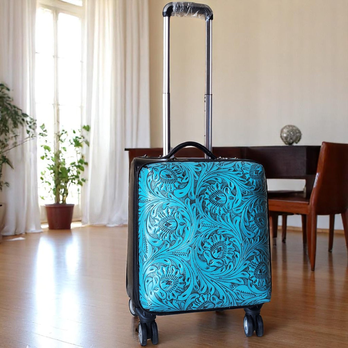 Western Turquoise Tooled Rolling Trolley Weekender