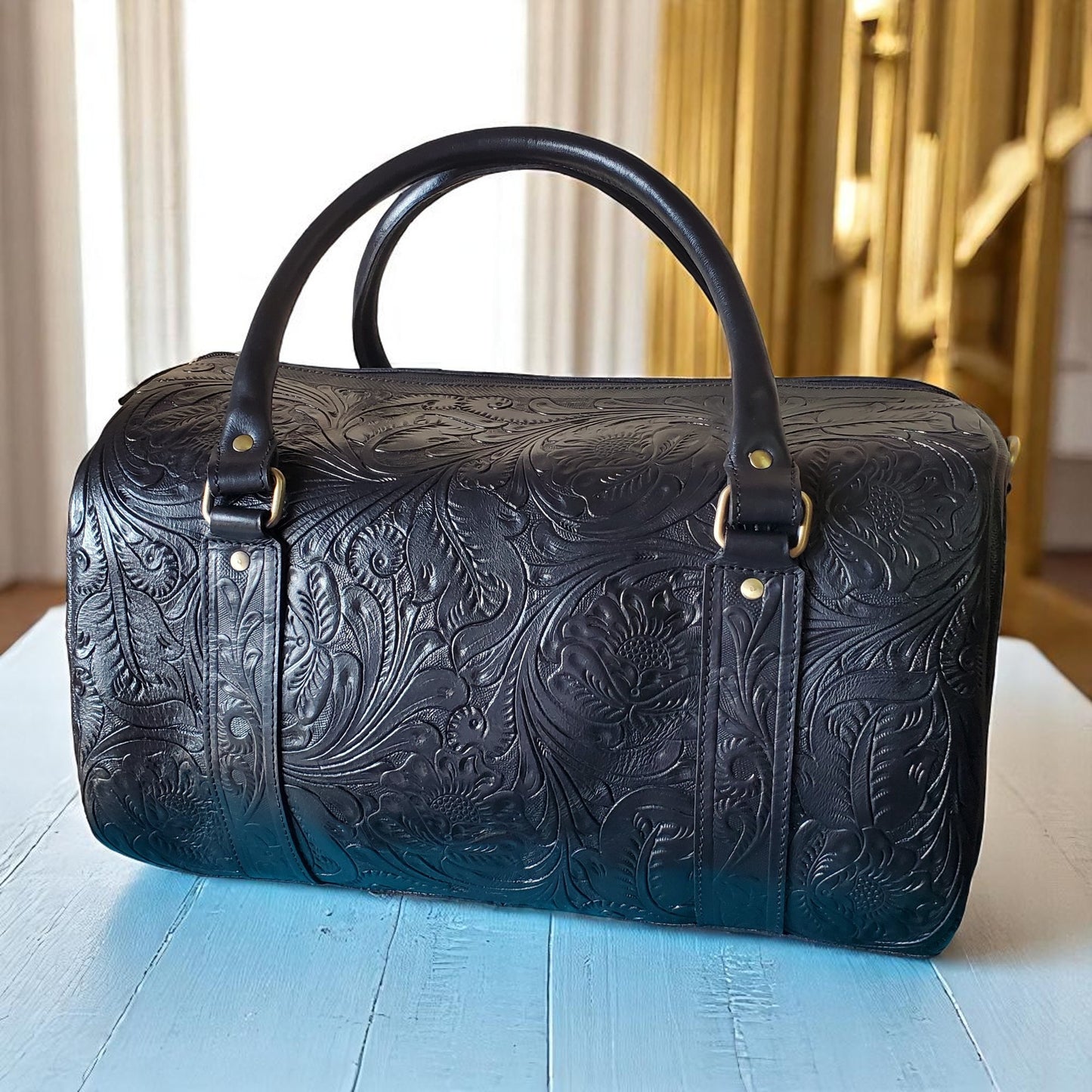 Hand Tooled Overnight Duffel Leather Travel Weekender