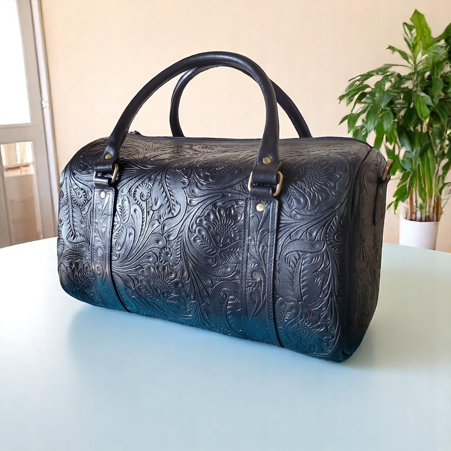 Hand Tooled Overnight Duffel Leather Travel Weekender