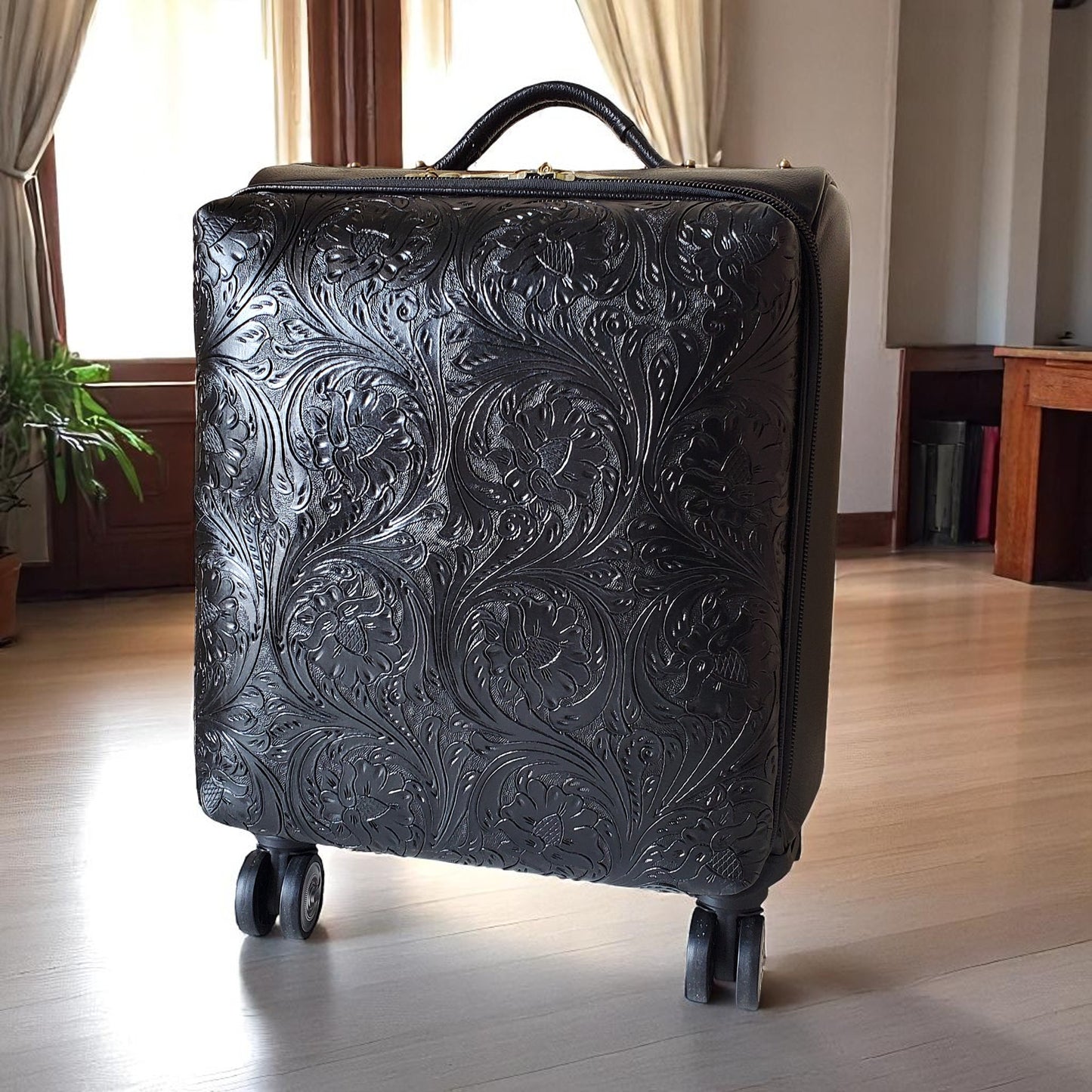 Western Black Tooled Rolling Trolley Weekender