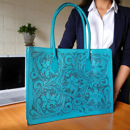 Regular Hand Tooled Turquoise Laptop Western Tote