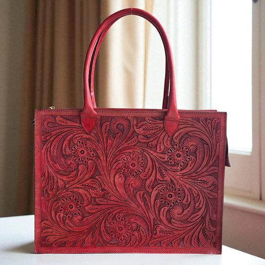 Box Tooled Mahogany red Western Laptop Tote