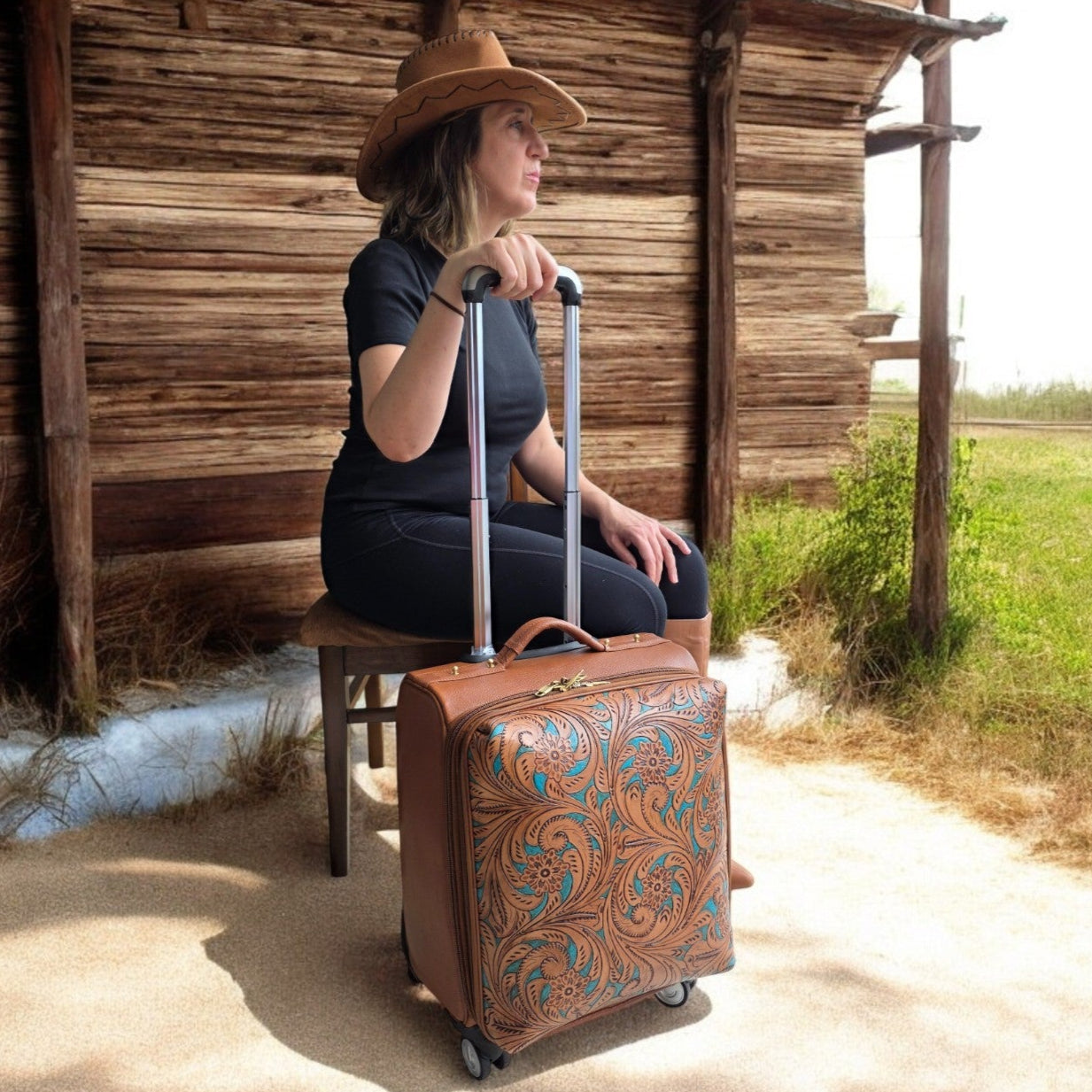 Western Hand Tooled Rolling Trolley Weekender
