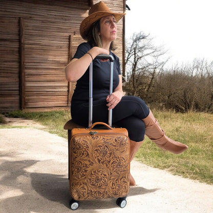 Western Tan Tooled Rolling Trolley Weekender