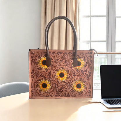 Regular Hand Tooled Sunflower Tan Western Tote