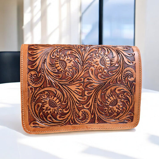Western Tooled Purse Tan Sling