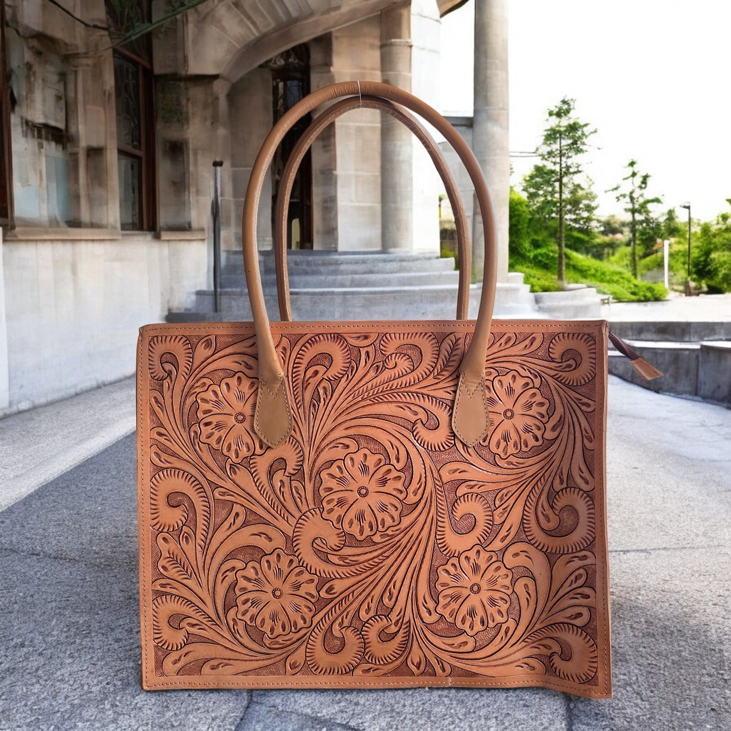 Regular Hand Tooled Turquoise Floral Western Tote