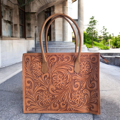 Regular Hand Tooled Turquoise Floral Western Tote