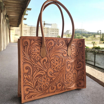 Regular Hand Tooled Turquoise Floral Western Tote
