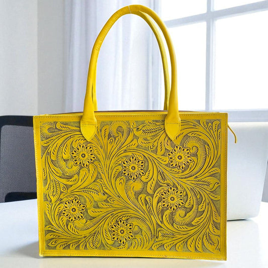 Box Tooled Yellow Western Laptop Tote