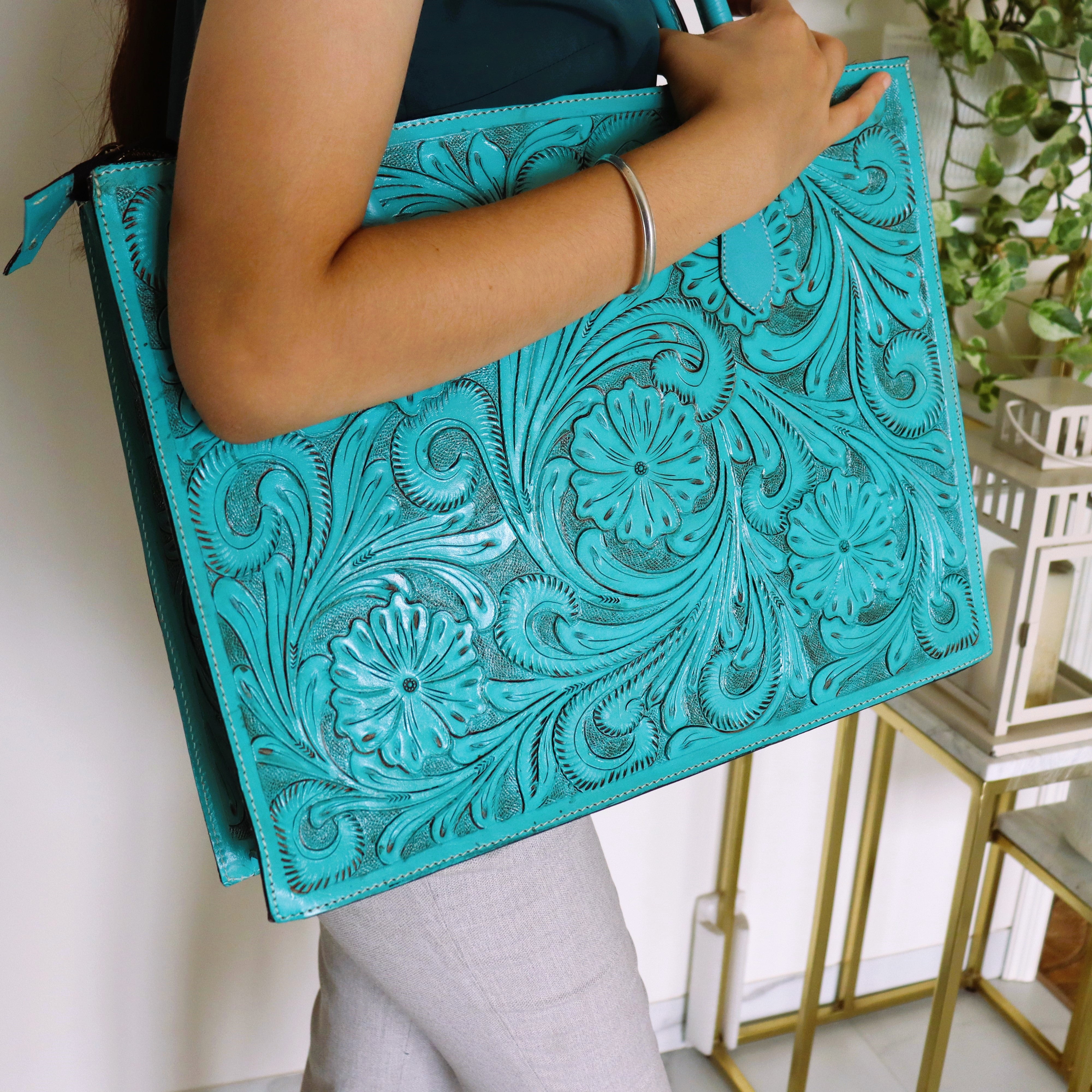 Hand Tooled Turquoise Floral Western Tote