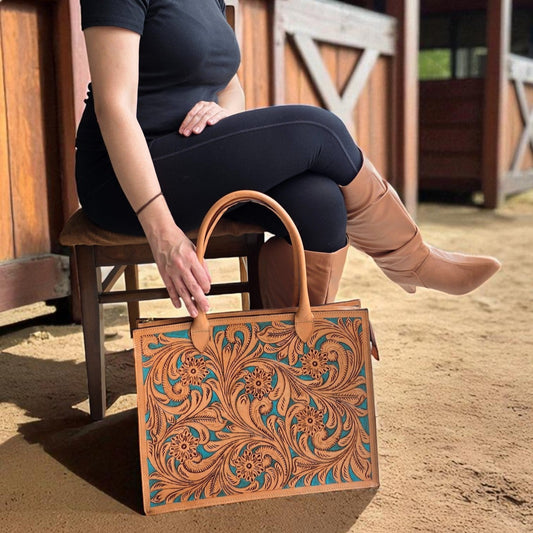 Premium Tooled Tan-Turquoise Western Laptop Tote