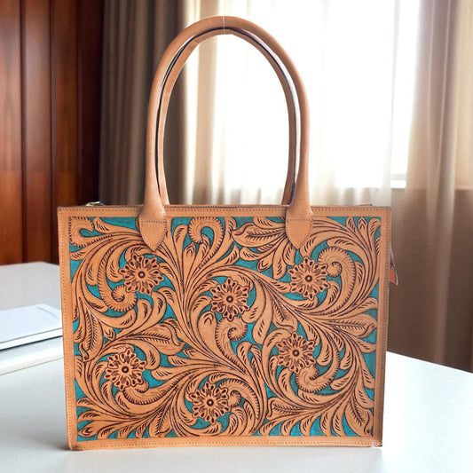 Box Tooled Tan-Turquoise Western Laptop Tote