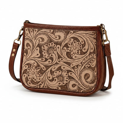 Tooled Tan Leather Crossbody Purse