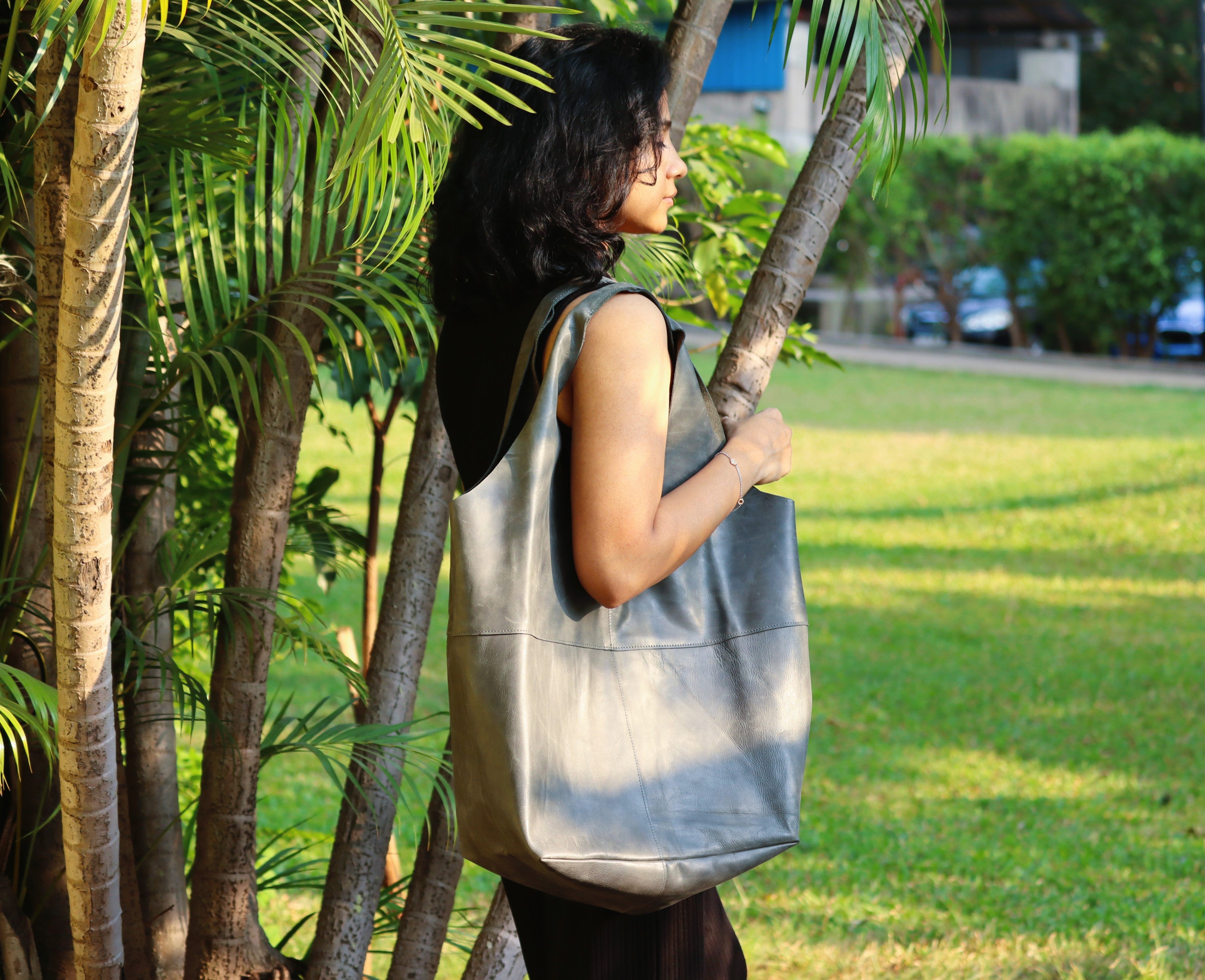 Grey Soft Leather Tote