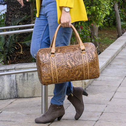 Hand Tooled Overnight Duffel Leather Travel Weekender