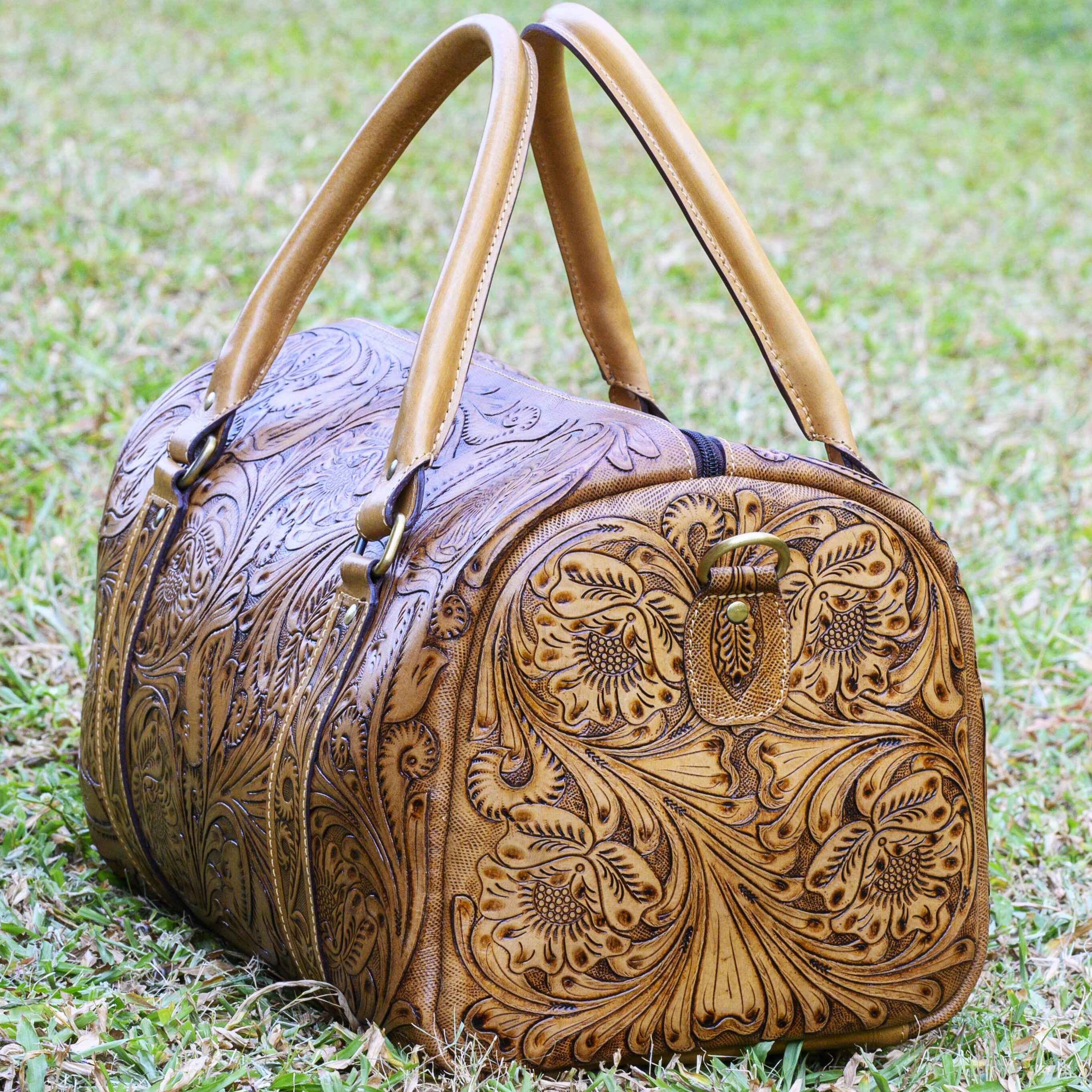 Western Hand Tooled Overnight Small Leather Travel Weekender