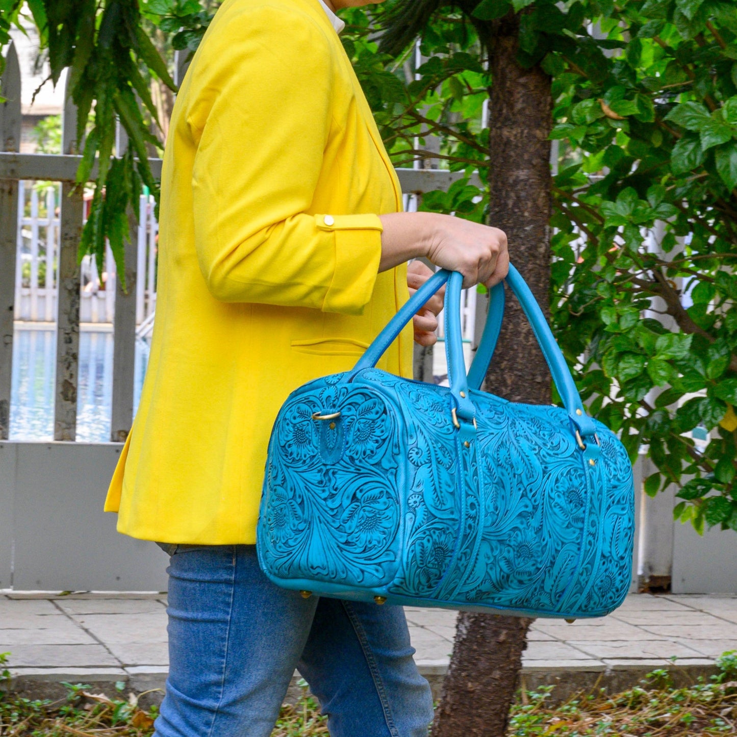 Hand Tooled Overnight Duffel Leather Travel Weekender