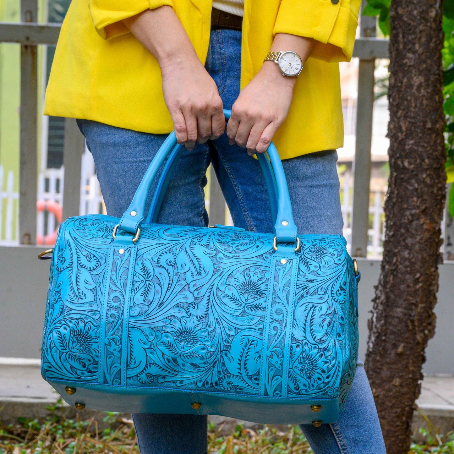 Hand Tooled Overnight Duffel Leather Travel Weekender