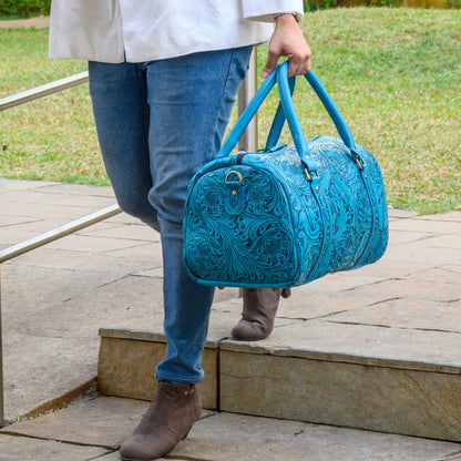 Hand Tooled Overnight Duffel Leather Travel Weekender
