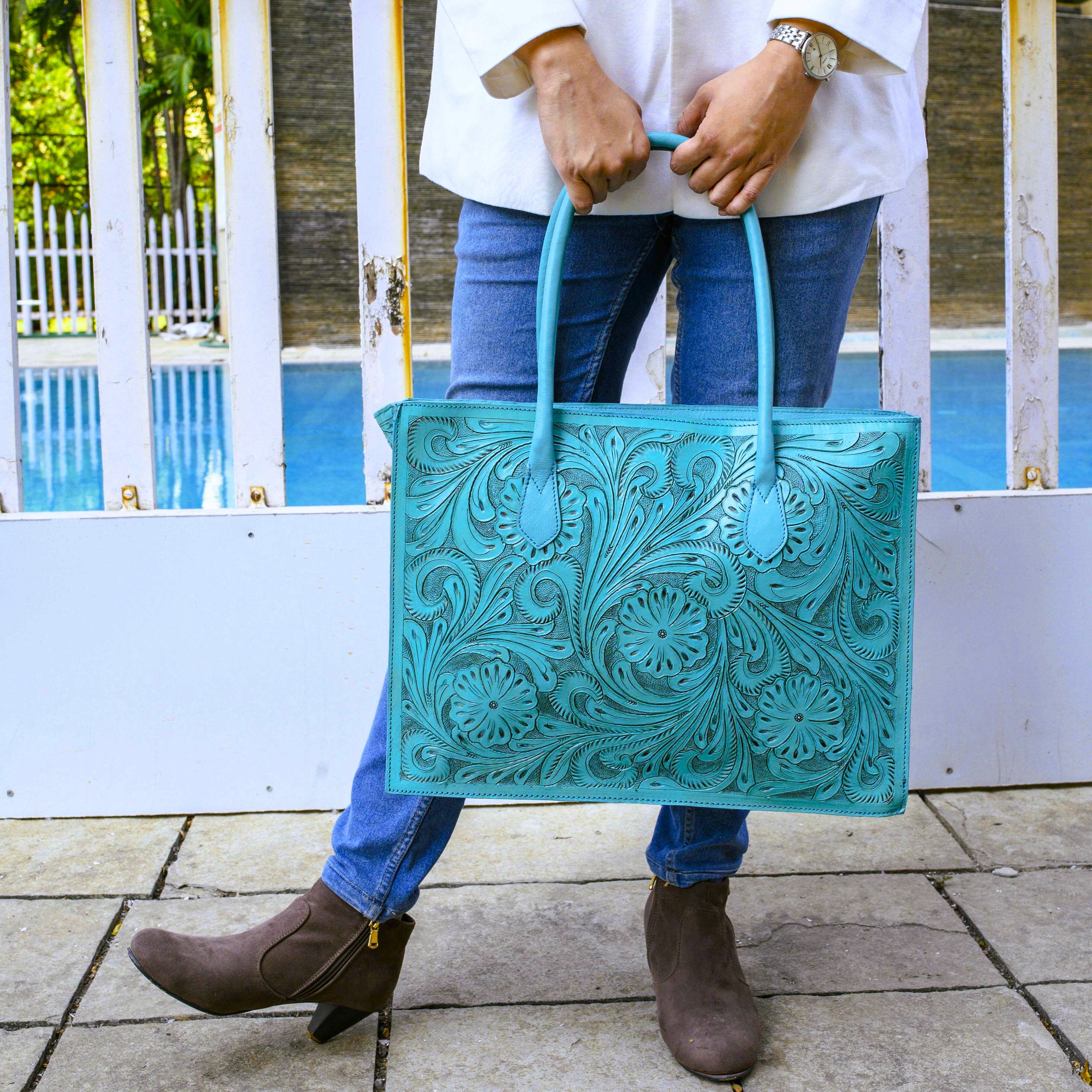 Hand Tooled Turquoise Floral Western Tote