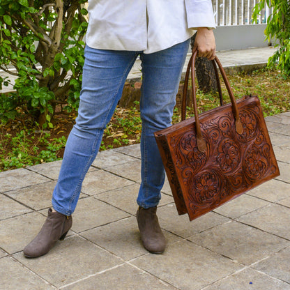 Regular Hand Tooled Turquoise Floral Western Tote