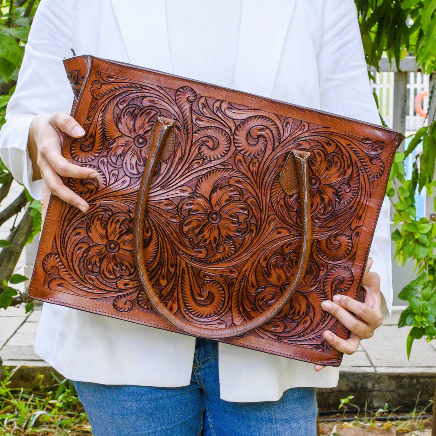 Regular Hand Tooled Turquoise Floral Western Tote
