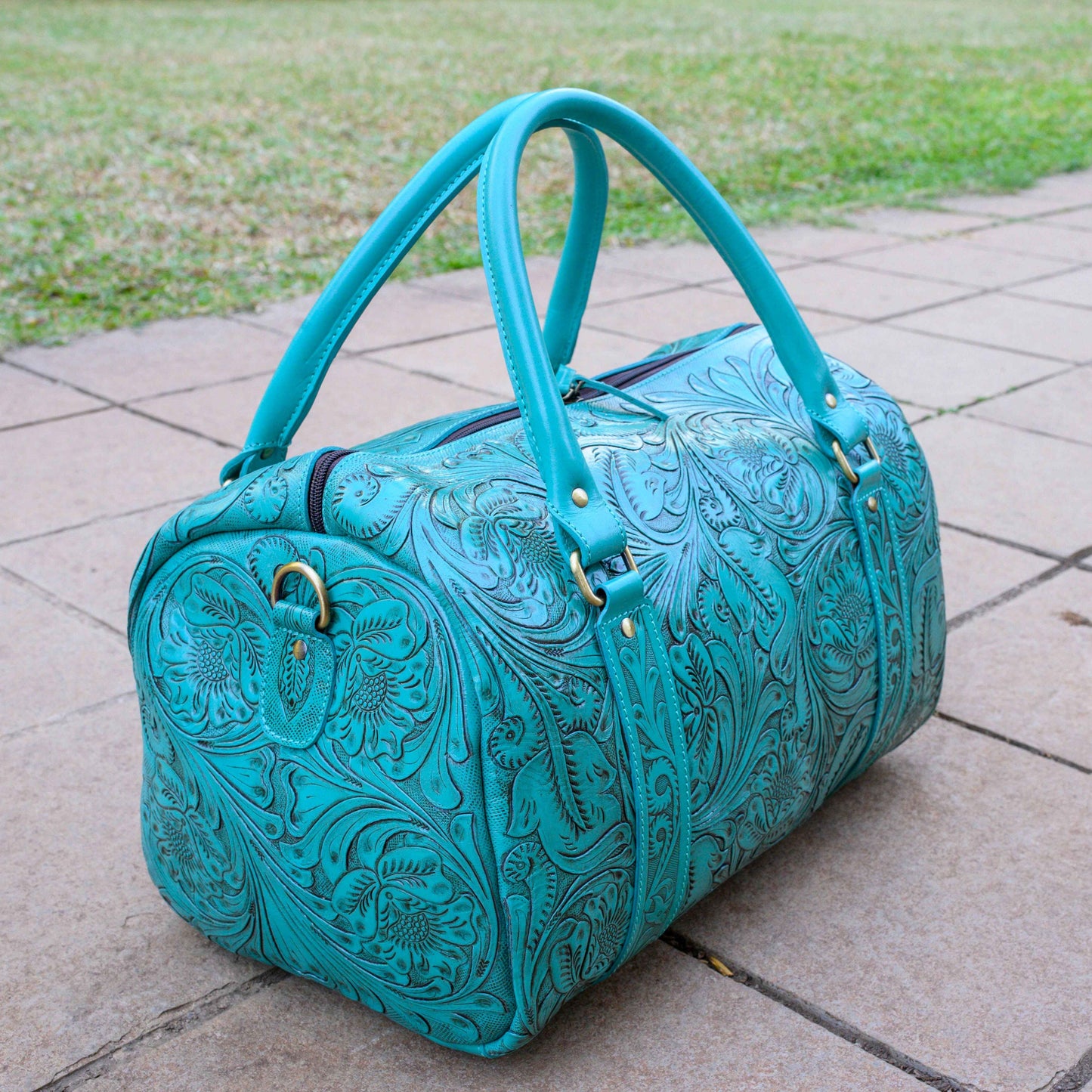 Hand Tooled Overnight Duffel Leather Travel Weekender