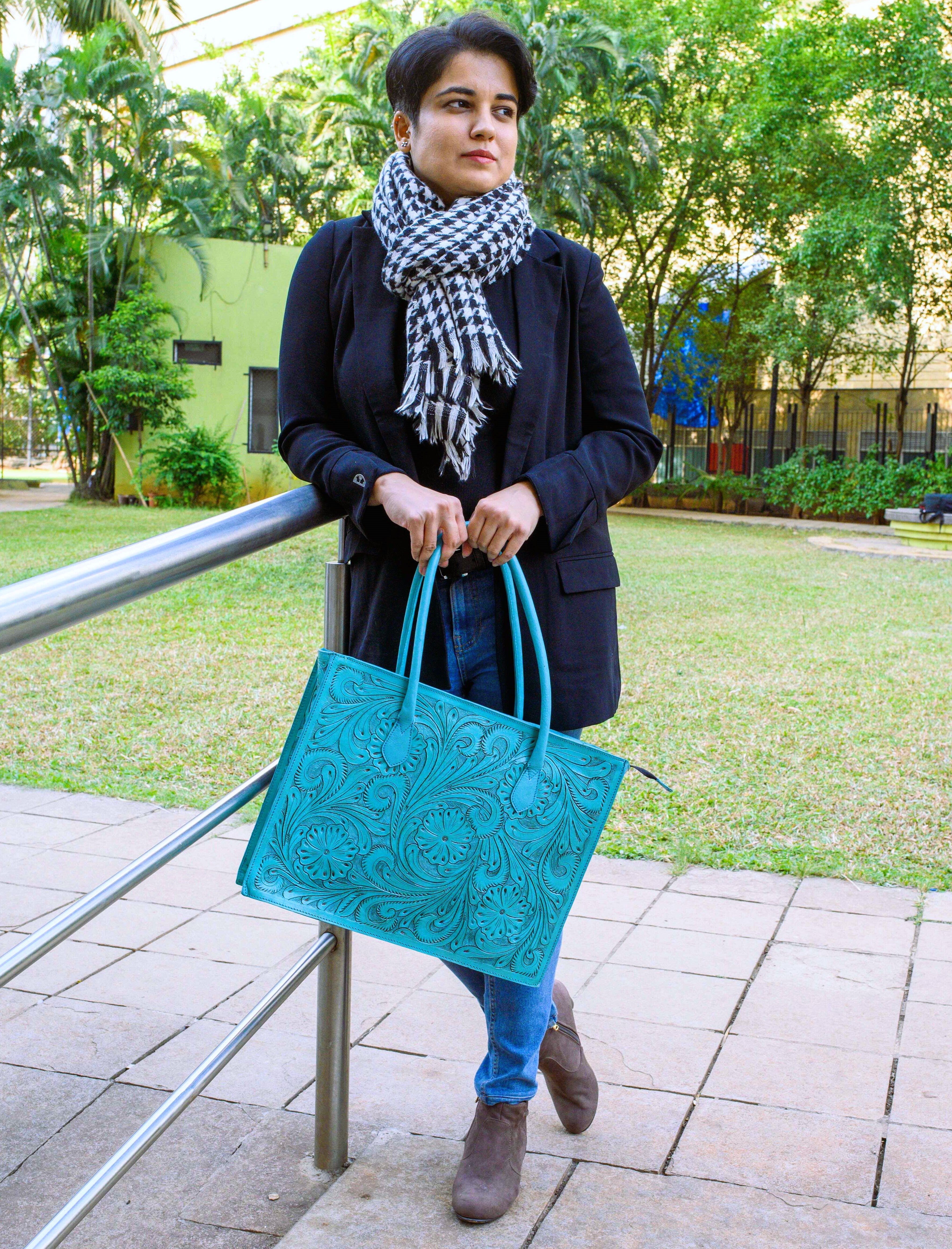 Hand Tooled Turquoise Floral Western Tote