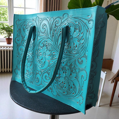 Regular Hand Tooled Turquoise Laptop Western Tote