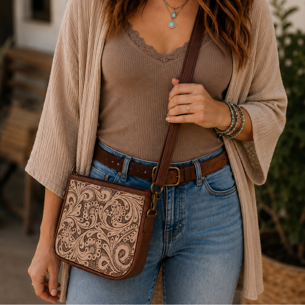 Tooled Tan Leather Crossbody Purse