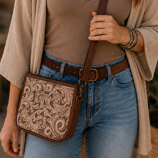 Tooled Rustic Brown Leather Crossbody Purse