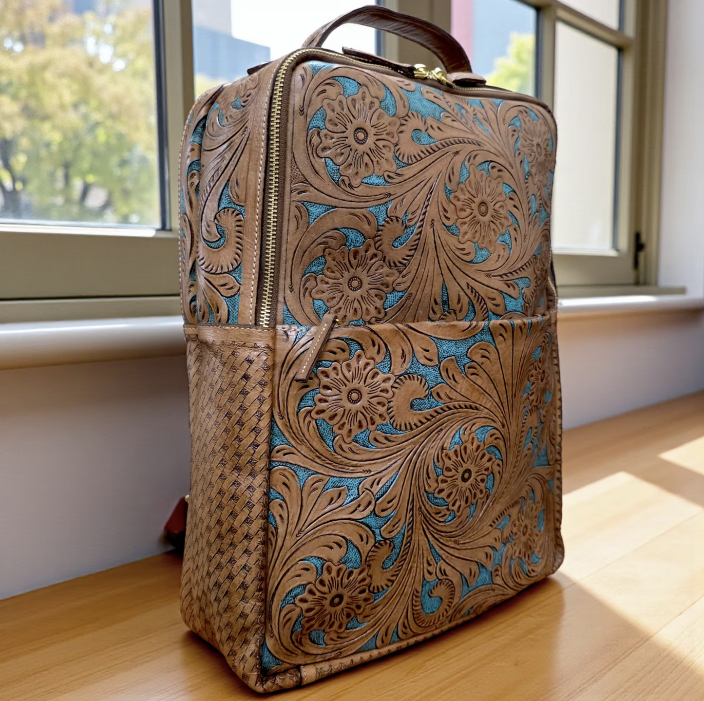 Tooled Leather Laptop Backpack